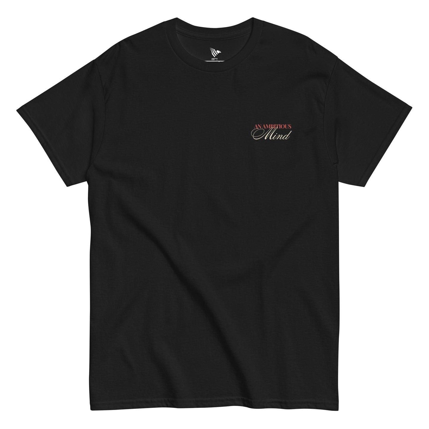 Black t-shirt with a logo on the chest against a white background. Timeless minimalist t-shirt made to inspire your grind.