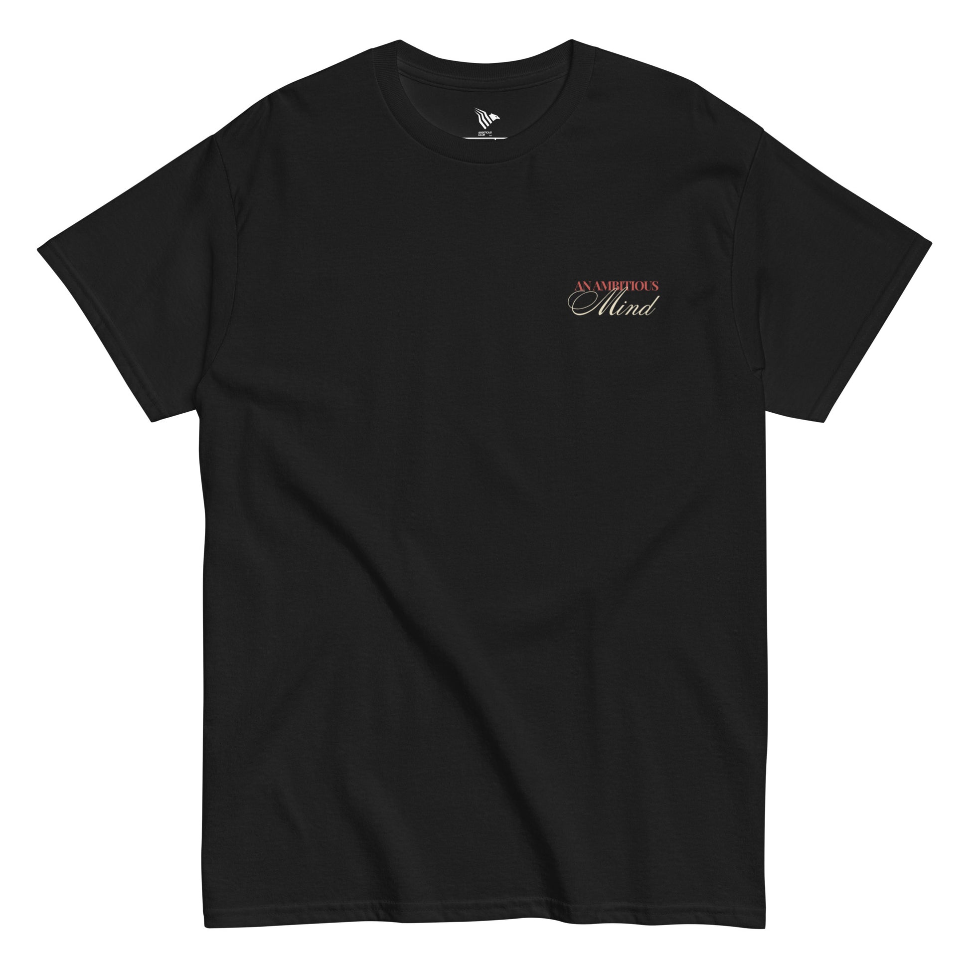 Black t-shirt with a logo on the chest against a white background. Timeless minimalist t-shirt made to inspire your grind.
