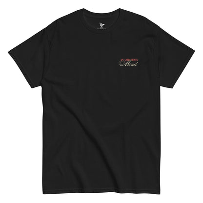 Black t-shirt with a logo on the chest against a white background. Timeless minimalist t-shirt made to inspire your grind.