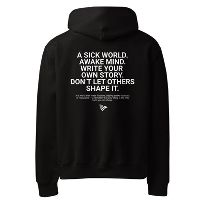 Black hoodie with white text on the back on a white background