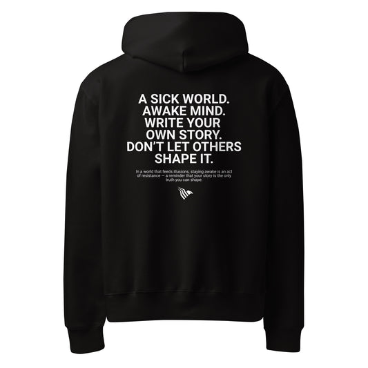 Black hoodie with white text on the back on a white background