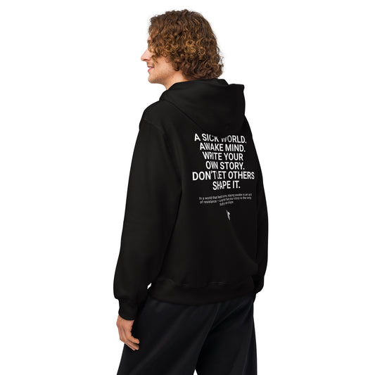 Person wearing a black hoodie with text on the back, standing against a white background