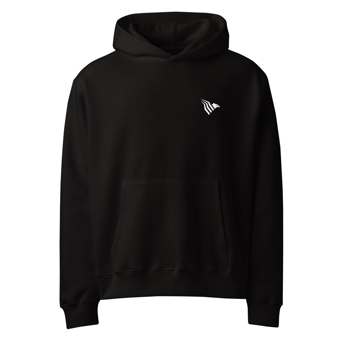 Black hoodie with a small white logo on a white background