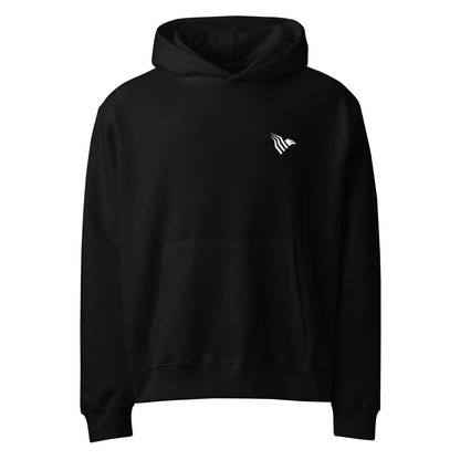 Black hoodie with a small white logo on a white background