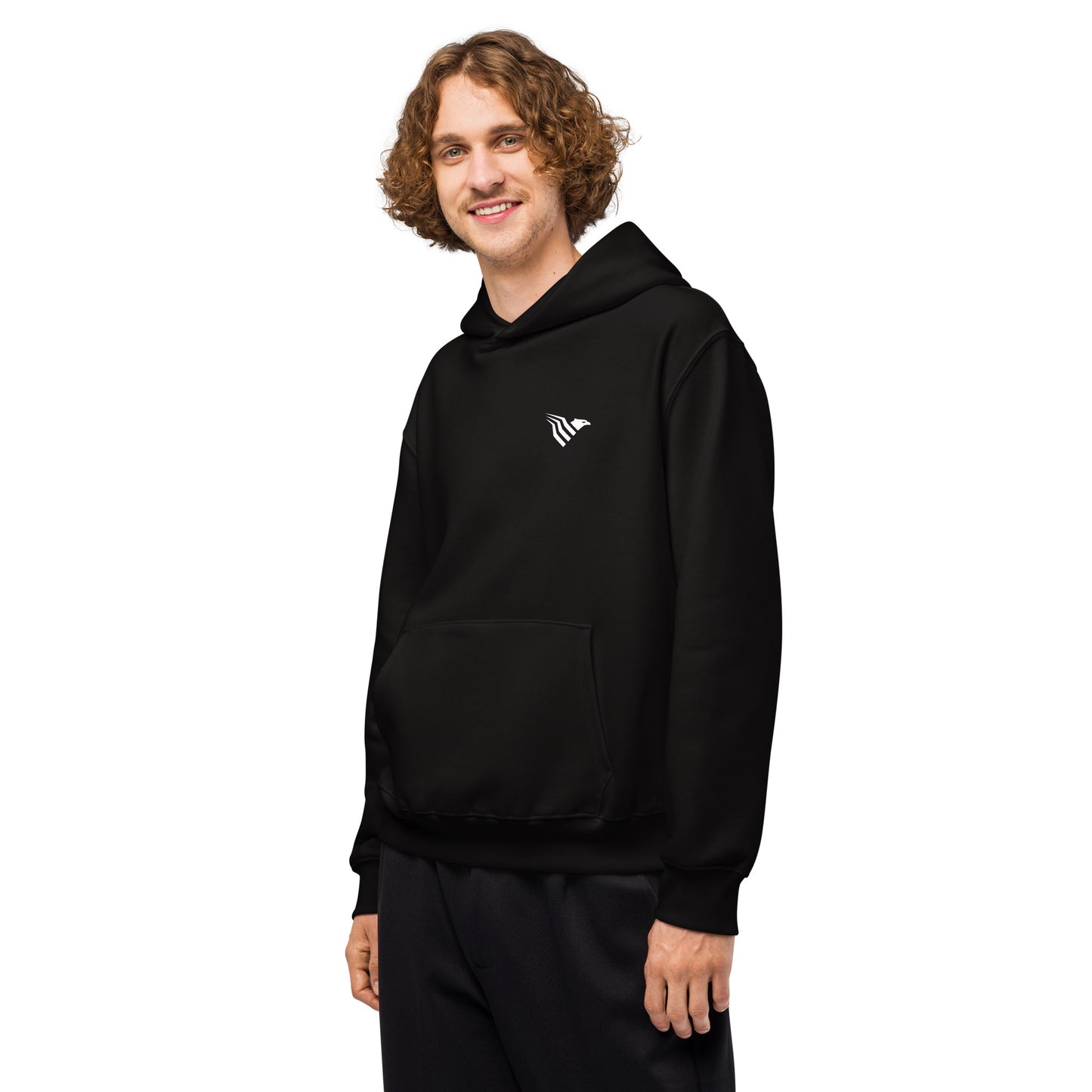 Man wearing a black hoodie with a logo on a white background