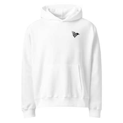 White hoodie with a black logo on the chest against a white background
