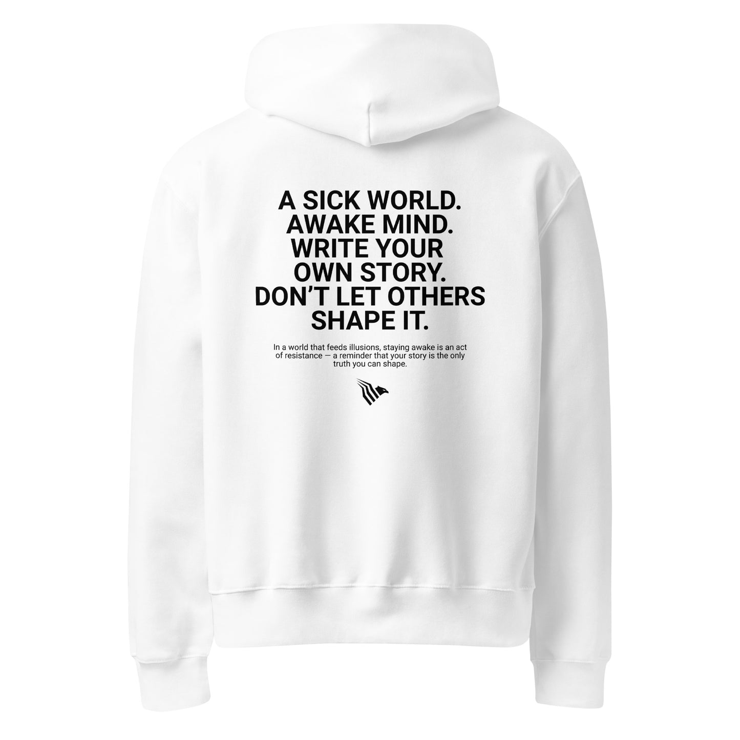 White hoodie with black text on a white background