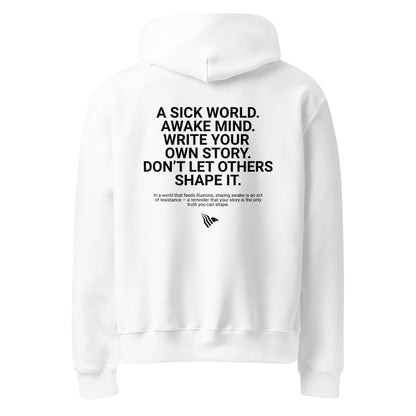 White hoodie with black text on a white background