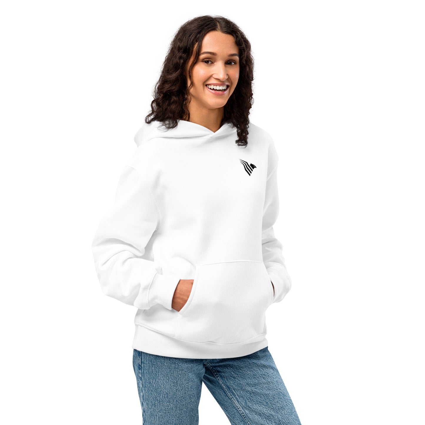 Person wearing a white hoodie with a logo on a white background