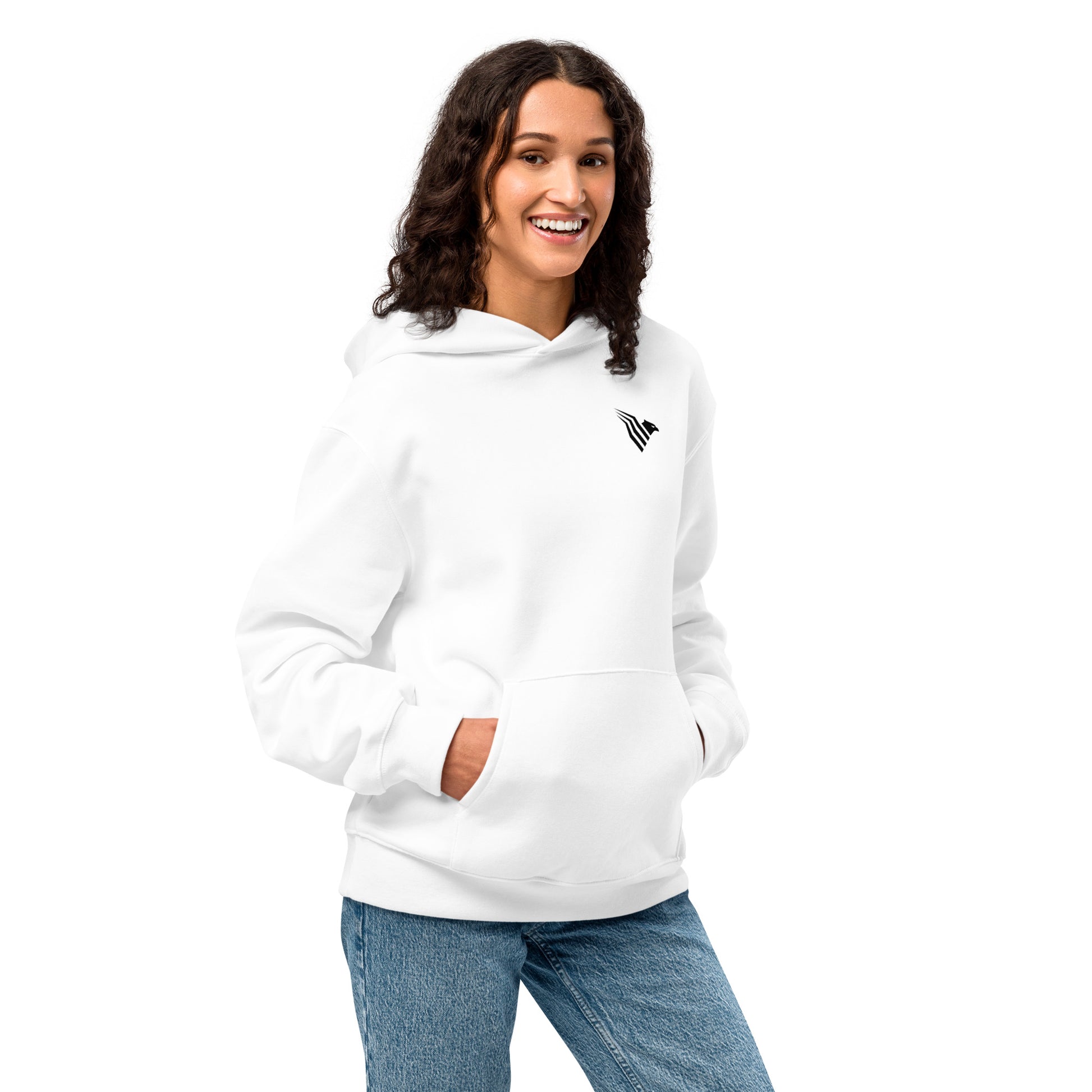 Person wearing a white hoodie with a logo on a white background