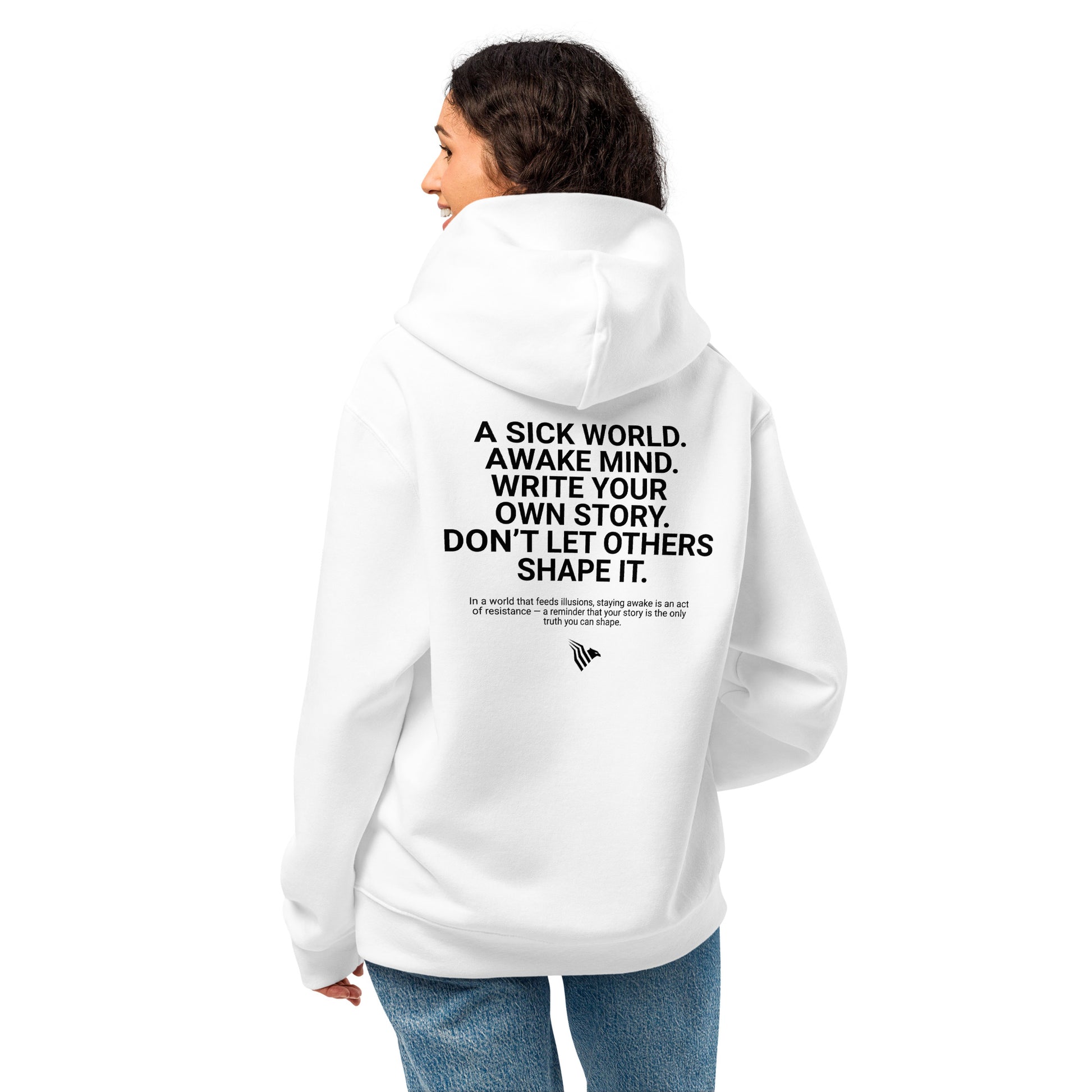 Person wearing a white hoodie with a motivational quote on the back, standing against a white background.