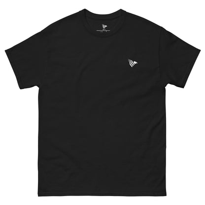 Black t-shirt with a small white logo on a white background. Premium unisex tee for those who believe in discipline and ambition.
