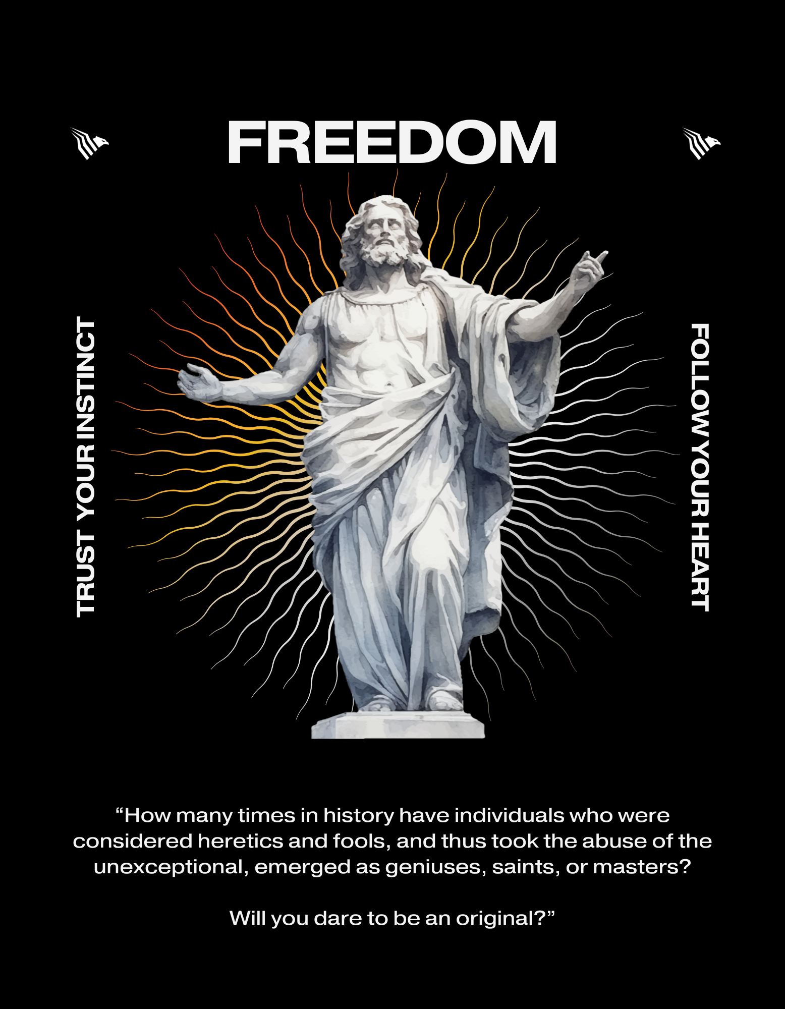 Statue of a figure with 'Freedom' text and motivational quotes on a black background. 