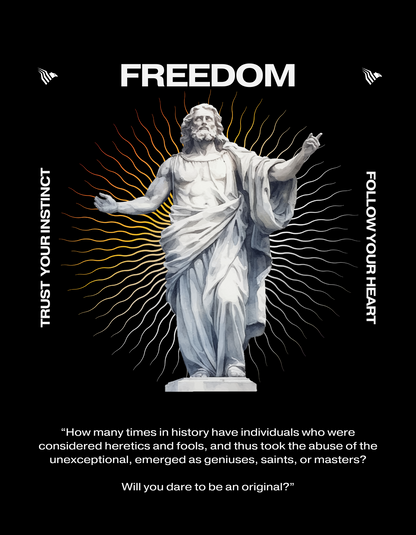 Statue of a figure with 'Freedom' text and motivational quotes on a black background. 