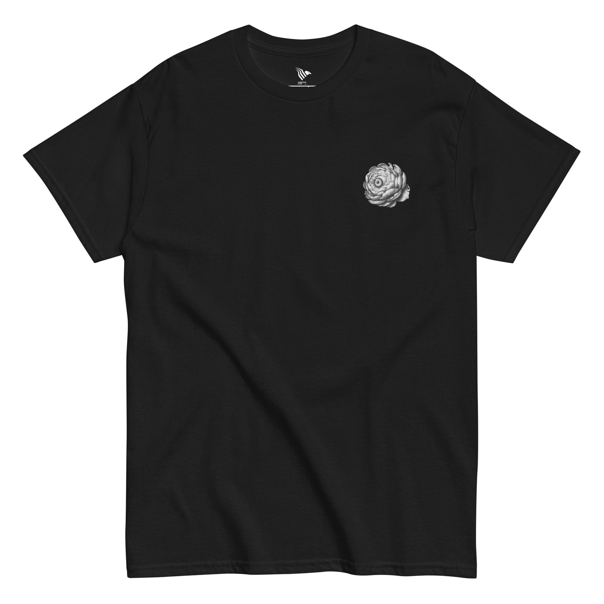 Black t-shirt with a white rose design on the chest against a white background. Streetwear t-shirt designed to elevate your mindset and daily motivation.