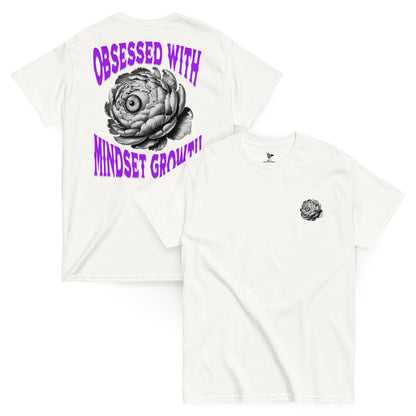 White t-shirt with black rose graphic and 'Obsessed with Mindset Growth' text on a white background