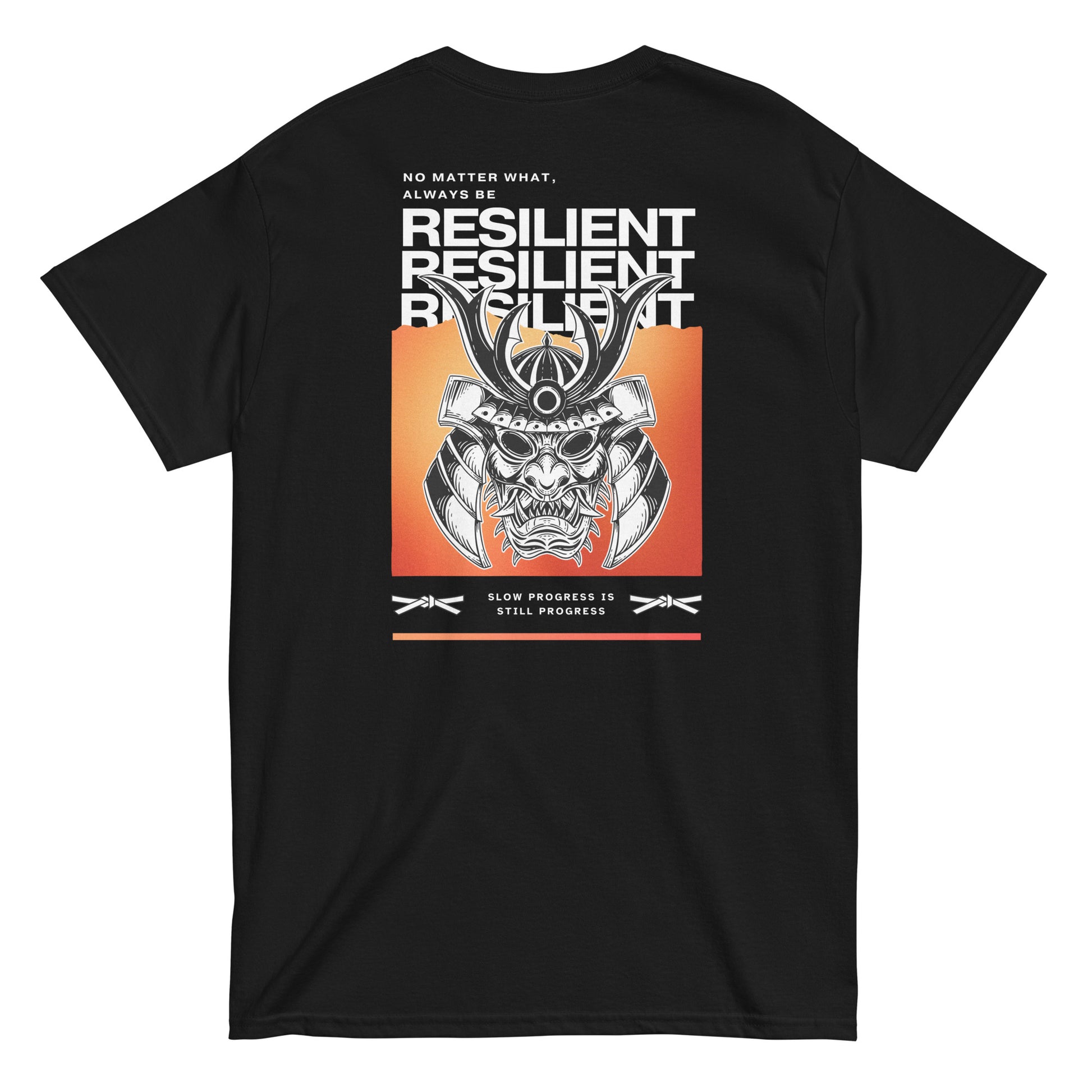 Black unisex t-shirt Ambitious Club with samurai motivational quote on the back. 