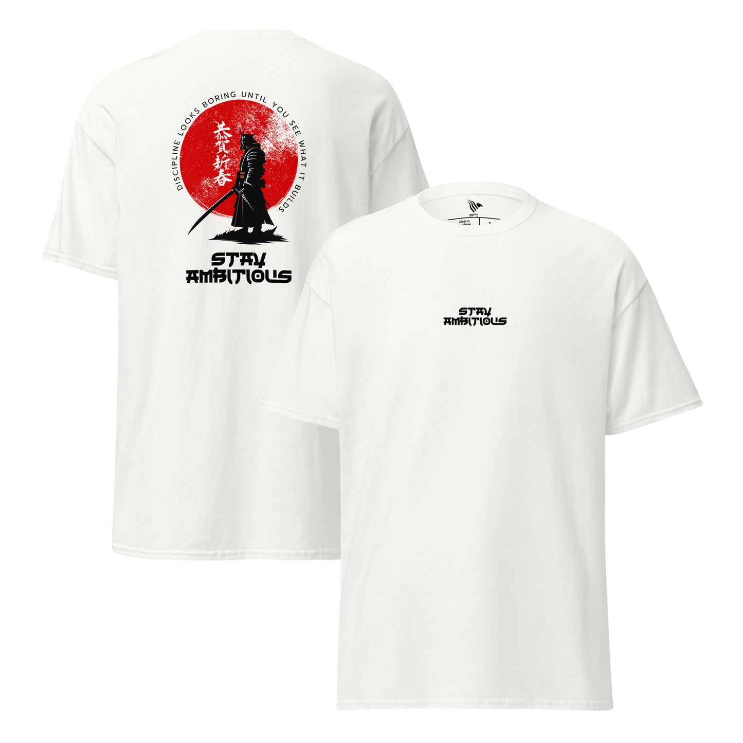 White t-shirt with a graphic design featuring a silhouette and red circle on a white background. Premium mindset t-shirt for those who dream big and hustle harder.