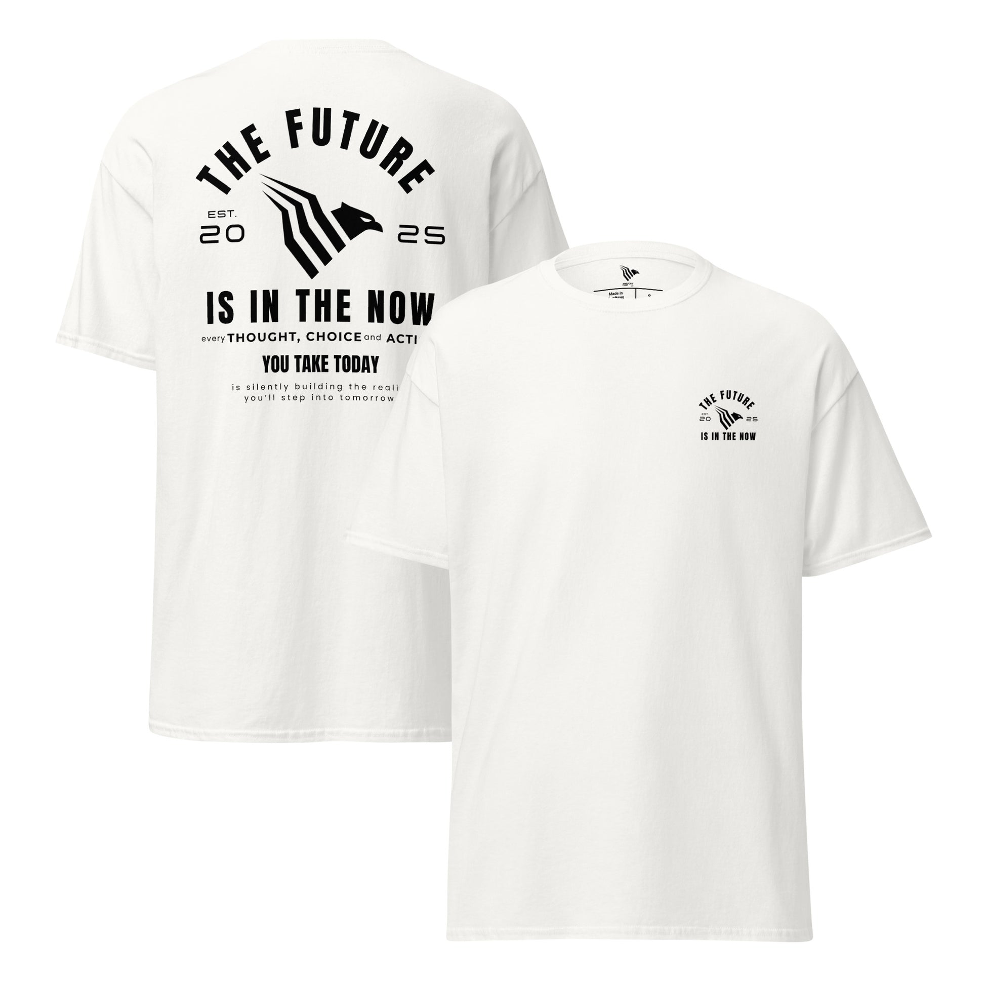 White t-shirt with motivational quote on a white background. Classic fit tee made from durable cotton with a motivational twist.