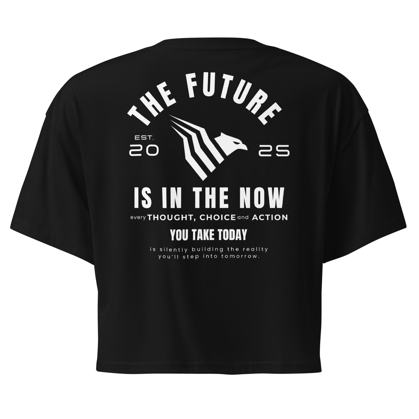 Black t-shirt with white text and design on a white background. Modern minimalist crop top crafted to inspire your inner power.