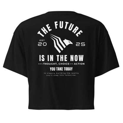 Black t-shirt with white text and design on a white background. Modern minimalist crop top crafted to inspire your inner power.