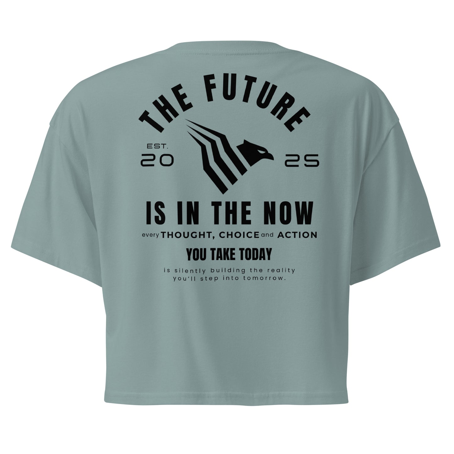 Light gray t-shirt with motivational text on the back against a white background. Women’s streetwear crop top that embodies ambition and confidence.