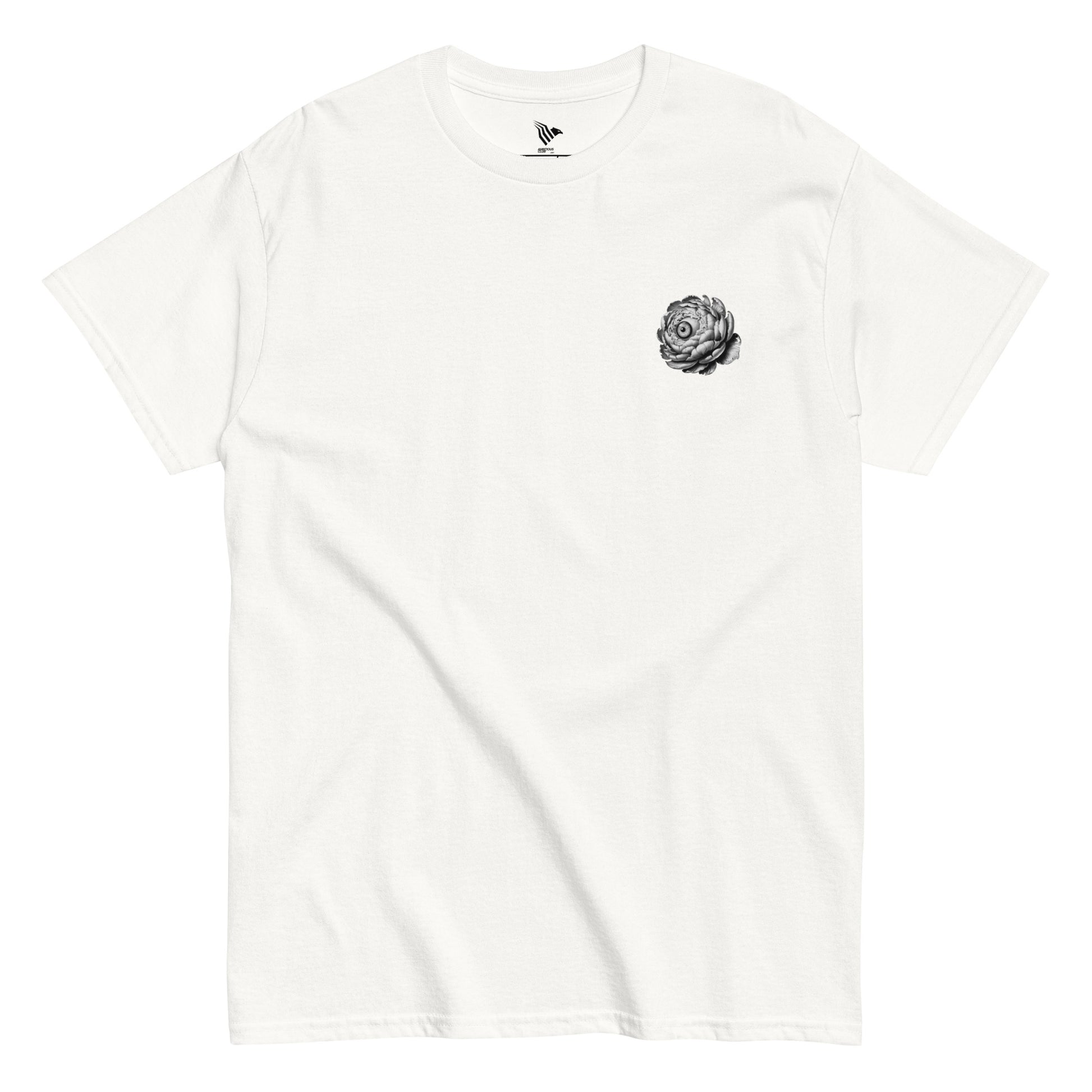White t-shirt with a black rose design on a white background
