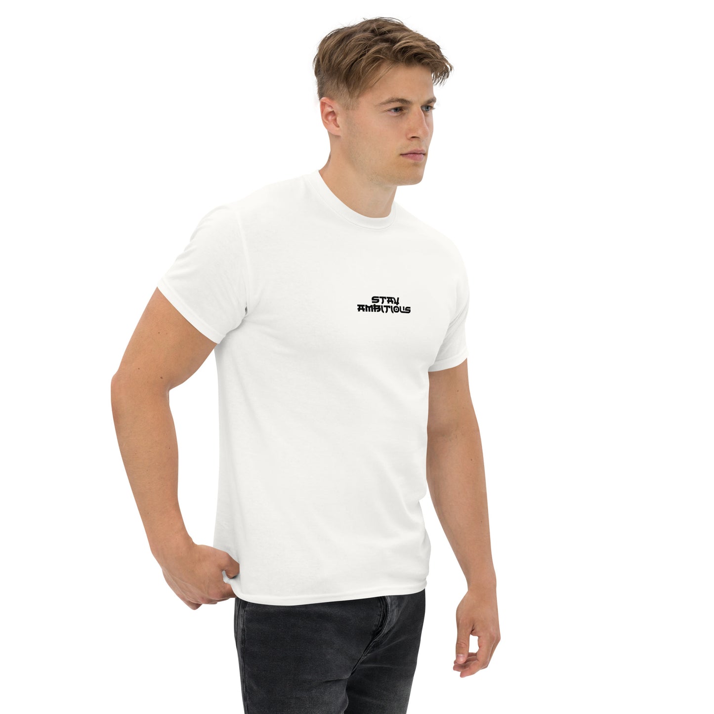 Man wearing a white t-shirt with text on a white background. Classic fit t-shirt with minimalist print and positive energy.